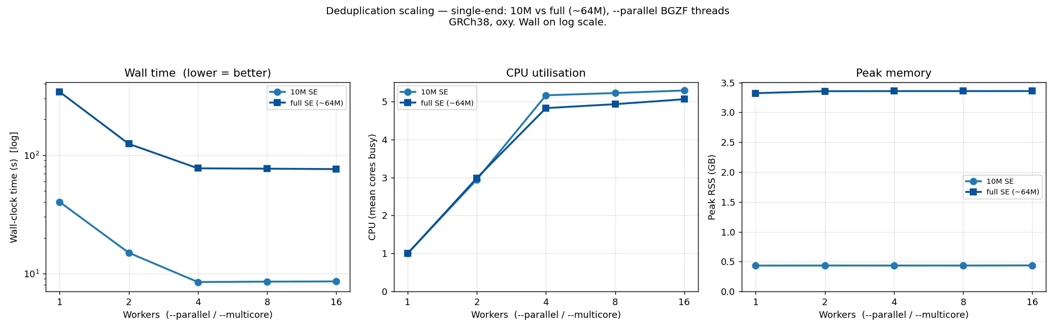 Deduplication --parallel scaling, single-end, 10M vs full ~64M: wall, CPU and peak memory vs workers