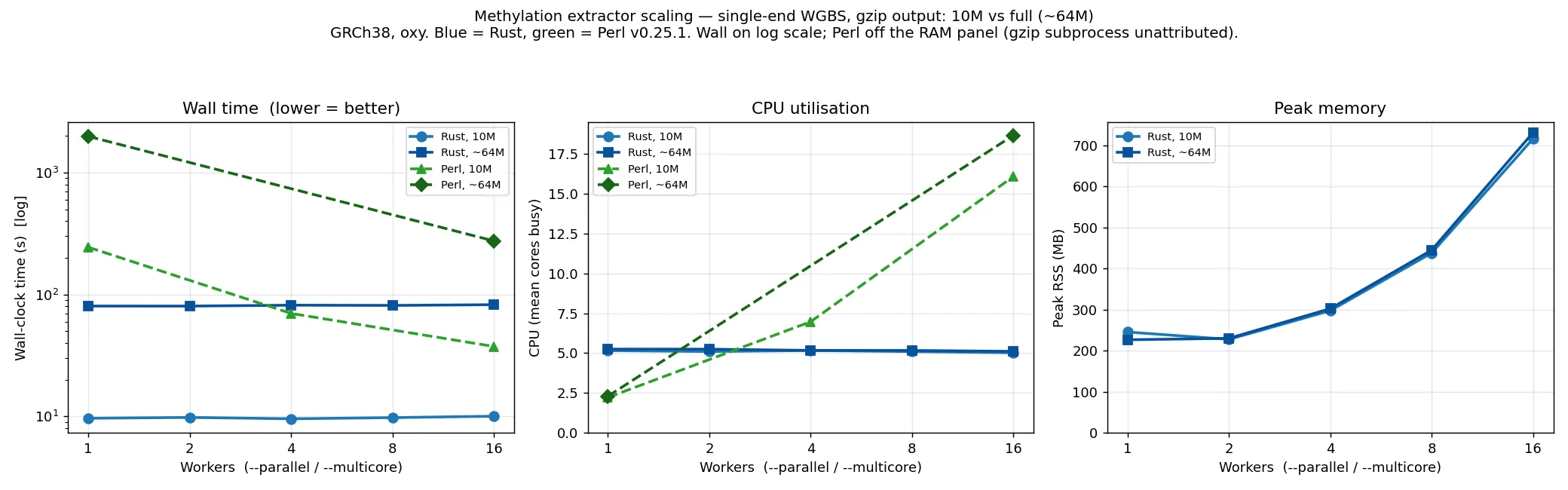 Methylation extractor --parallel scaling, single-end WGBS, 10M vs full ~64M: wall, CPU and peak memory vs workers, Rust vs Perl