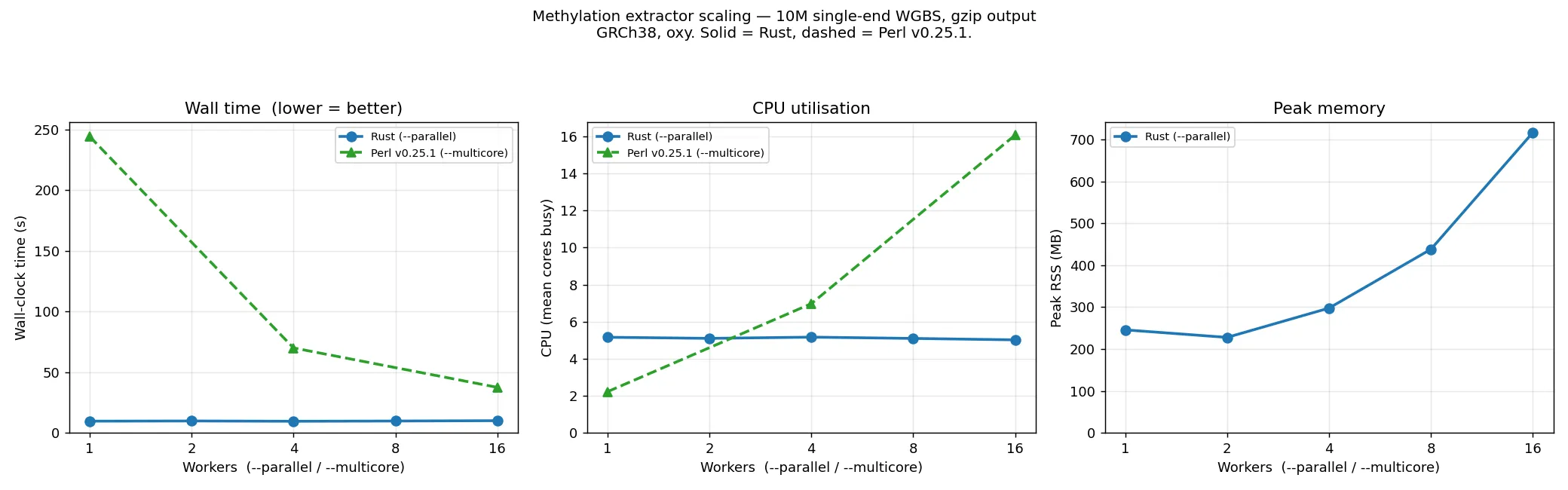 Methylation extractor --parallel scaling, 10M single-end WGBS: wall, CPU and peak memory vs workers, Rust vs Perl
