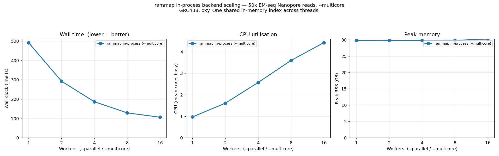 rammap in-process --multicore scaling, 50k EM-seq Nanopore reads: wall, CPU and peak memory vs workers